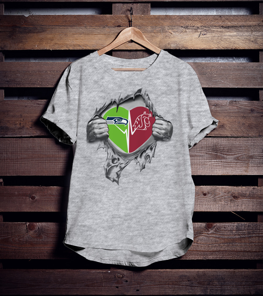 Seahawks Washington State Cougars Heart Logo Design Inside Ripped Shirt With Team Logos T-Shirt