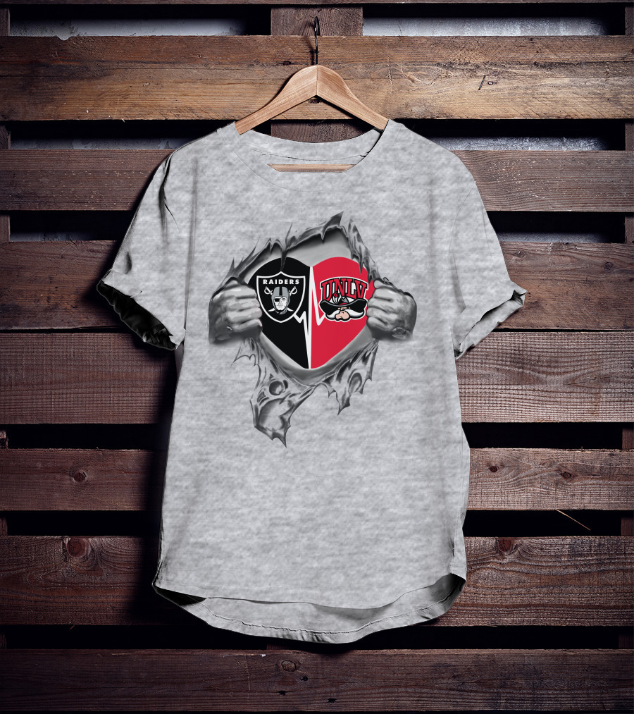 Raiders Unlv Heart Split Design Torn Fabric Hands T-Shirt