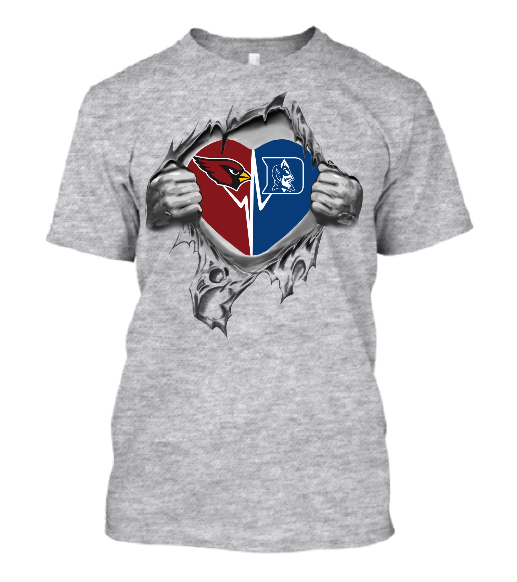 Cadinals Duke Heart Split With Cardinal And Blue Devil Logos T-Shirt