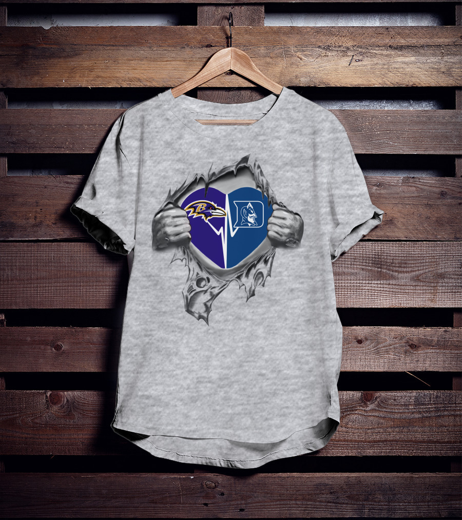 Ravens Duke Heart Logos Inside Ripped Silver Hands T-Shirt