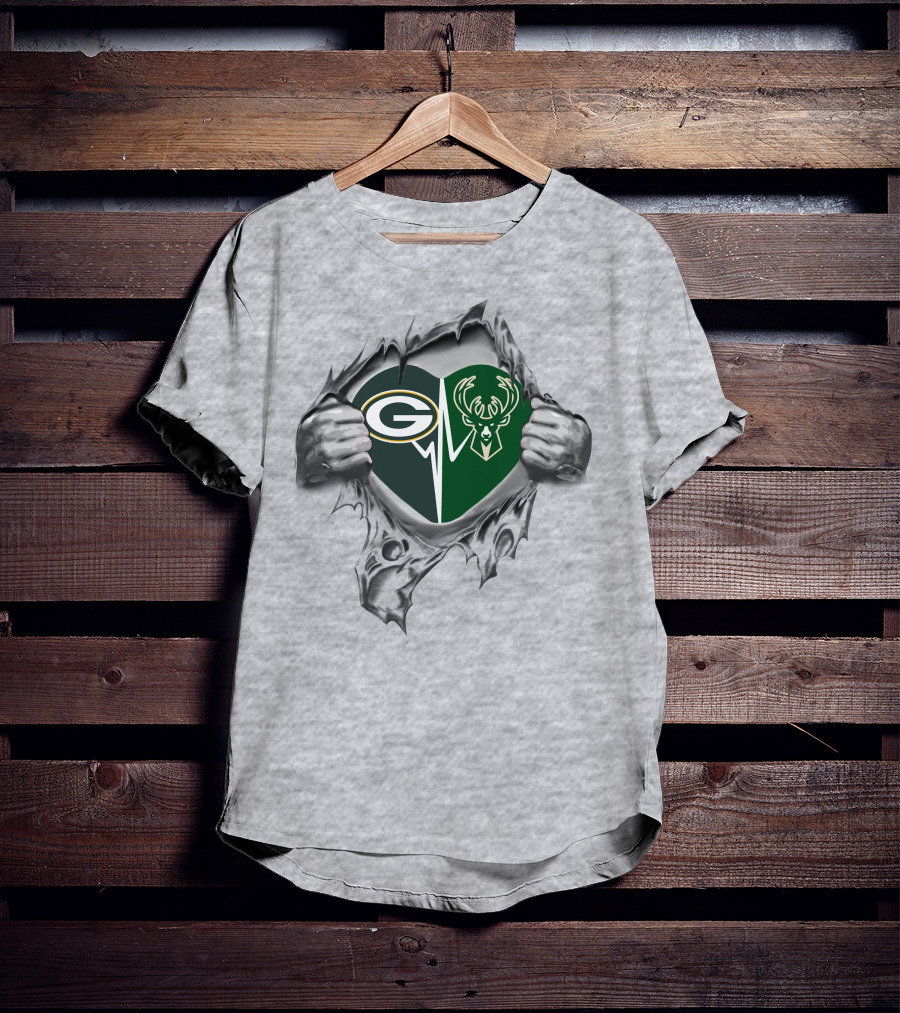 Packers Bucks Heartbeat Green Bay Milkwaukee Fan Pride T-Shirt