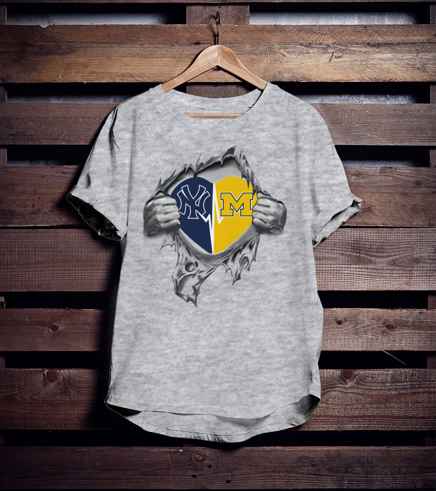 Yankees Wolverines Heart Torn Open Logos T-Shirt