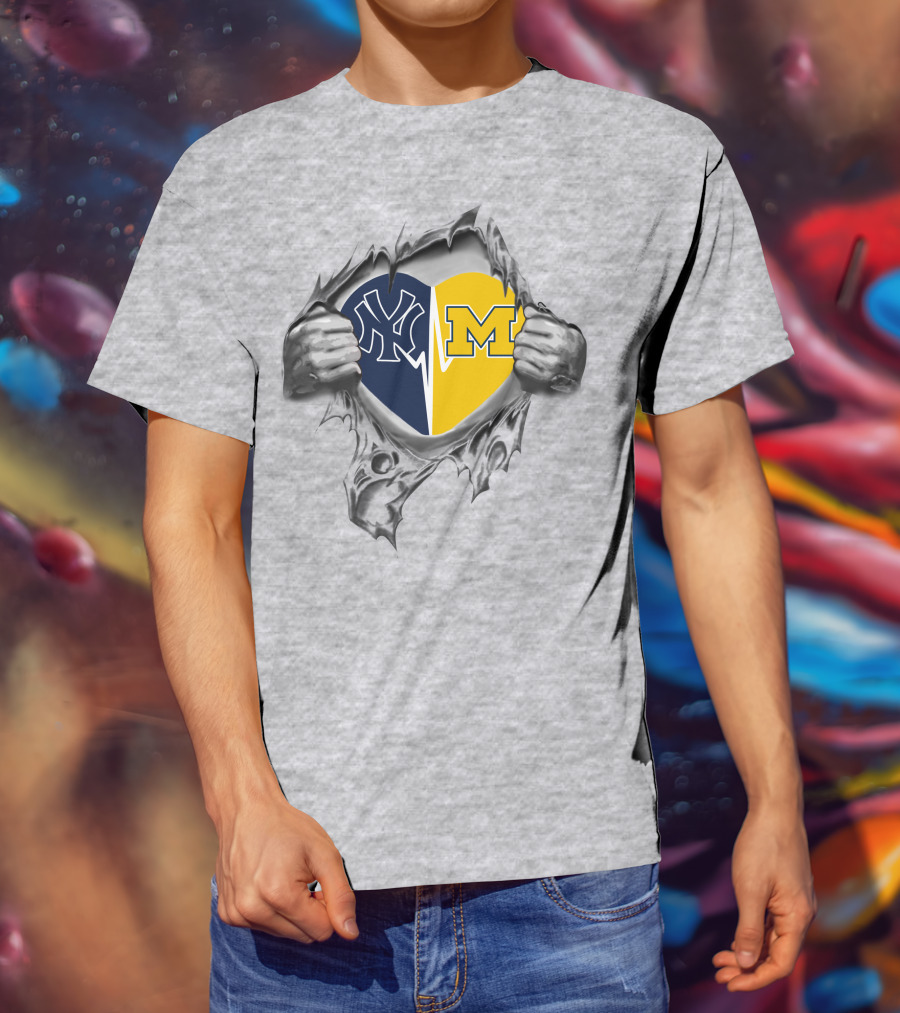 Yankees Wolverines Heart Torn Open Logos T-Shirt