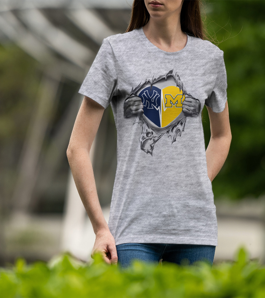 Yankees Wolverines Heart Torn Open Logos T-Shirt