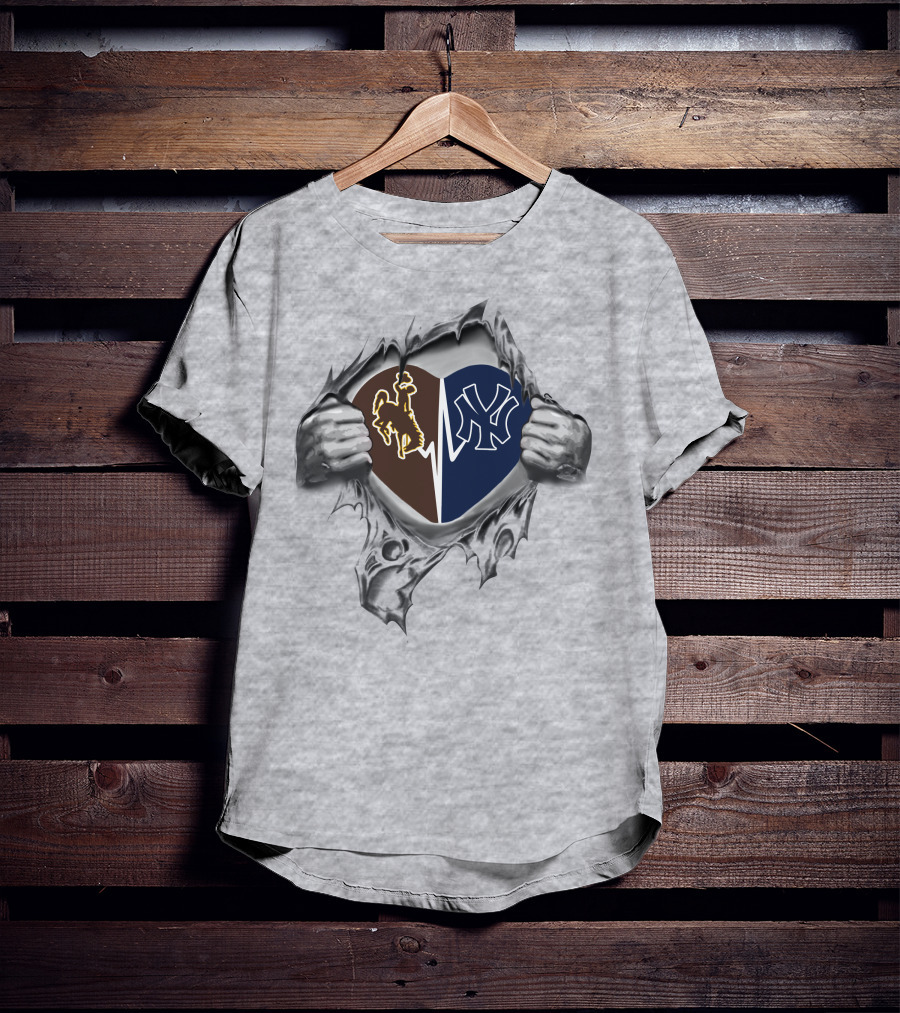 Yankees Wyoming Cowboys Heart Split With Iconic Logos T-Shirt
