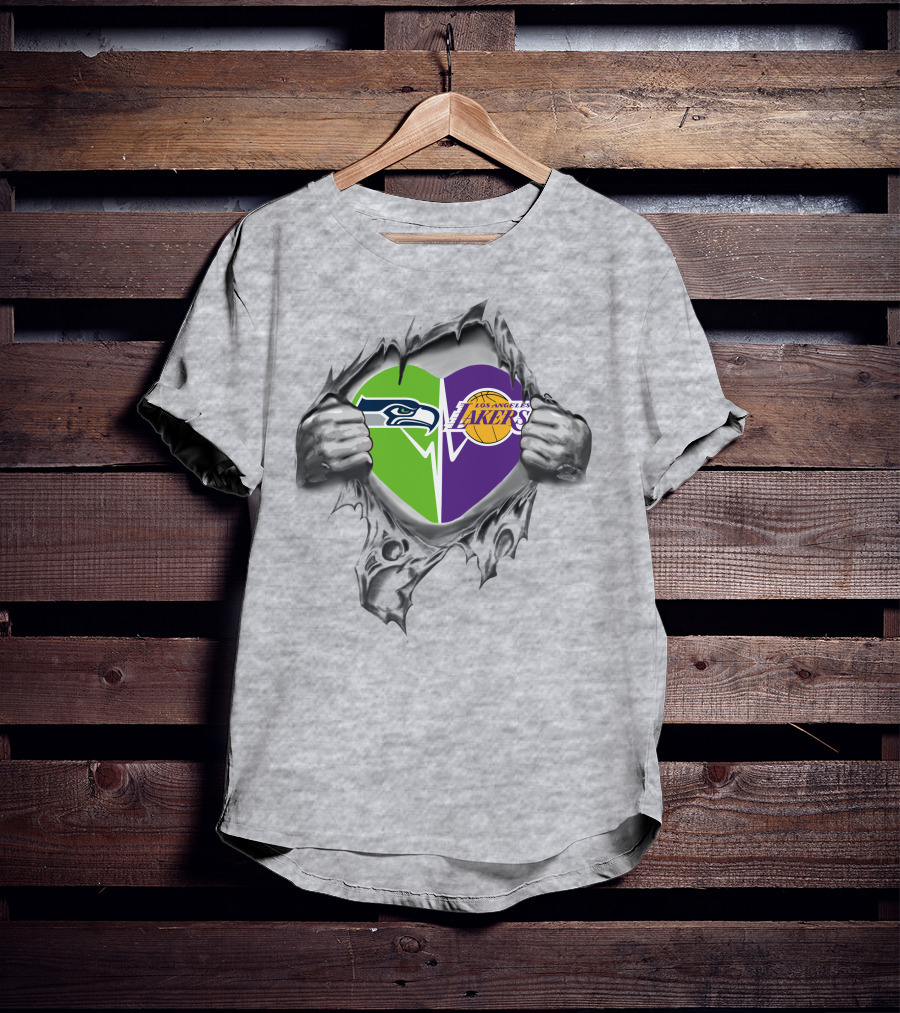 Seahawks Lakers Heart With Logos In Torn T-Shirt