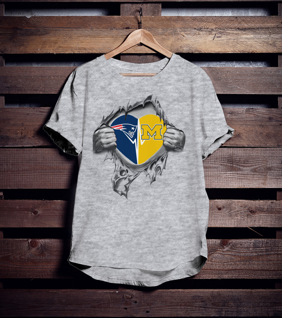 Patriots Wolverines Heartburst Love For New England And Michigan T-Shirt