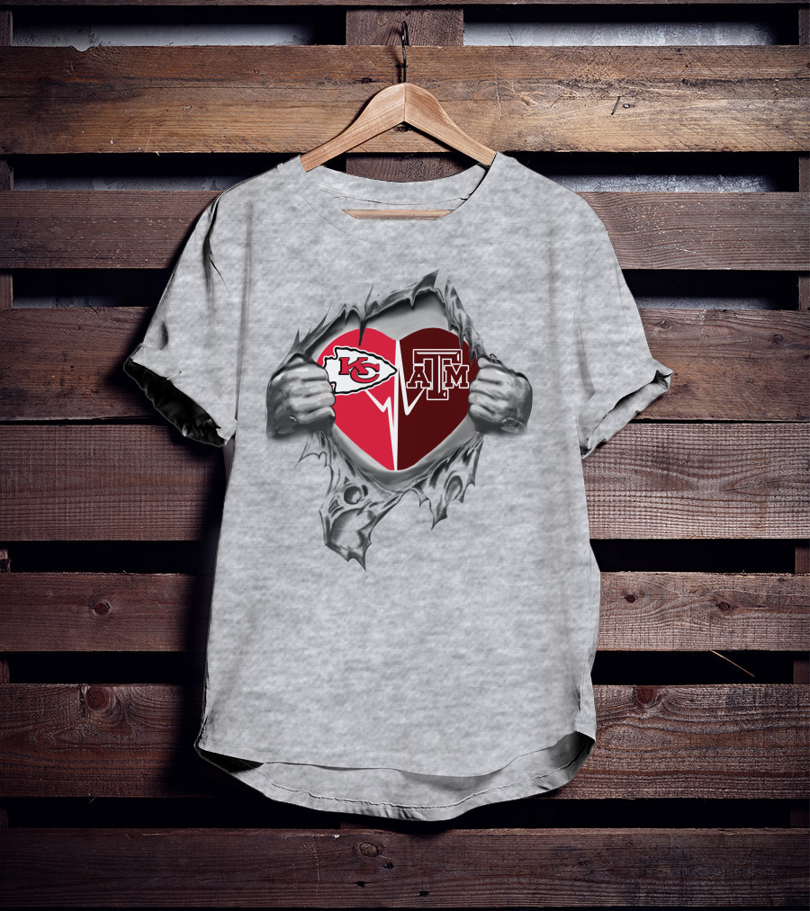 Kansas City Chiefs And Texas A&M Heart Logo With Ripped T-Shirt