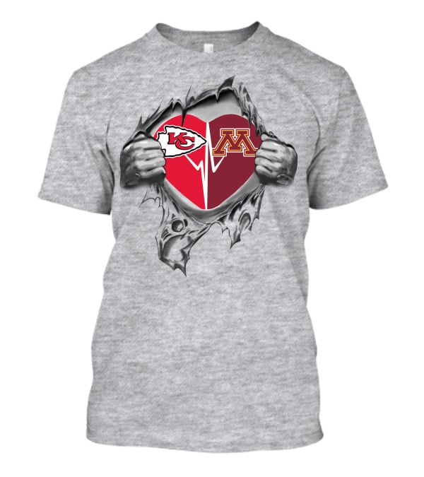 Kansas City Chiefs Minnesota Gophers Heart Logos Torn Gray T-Shirt