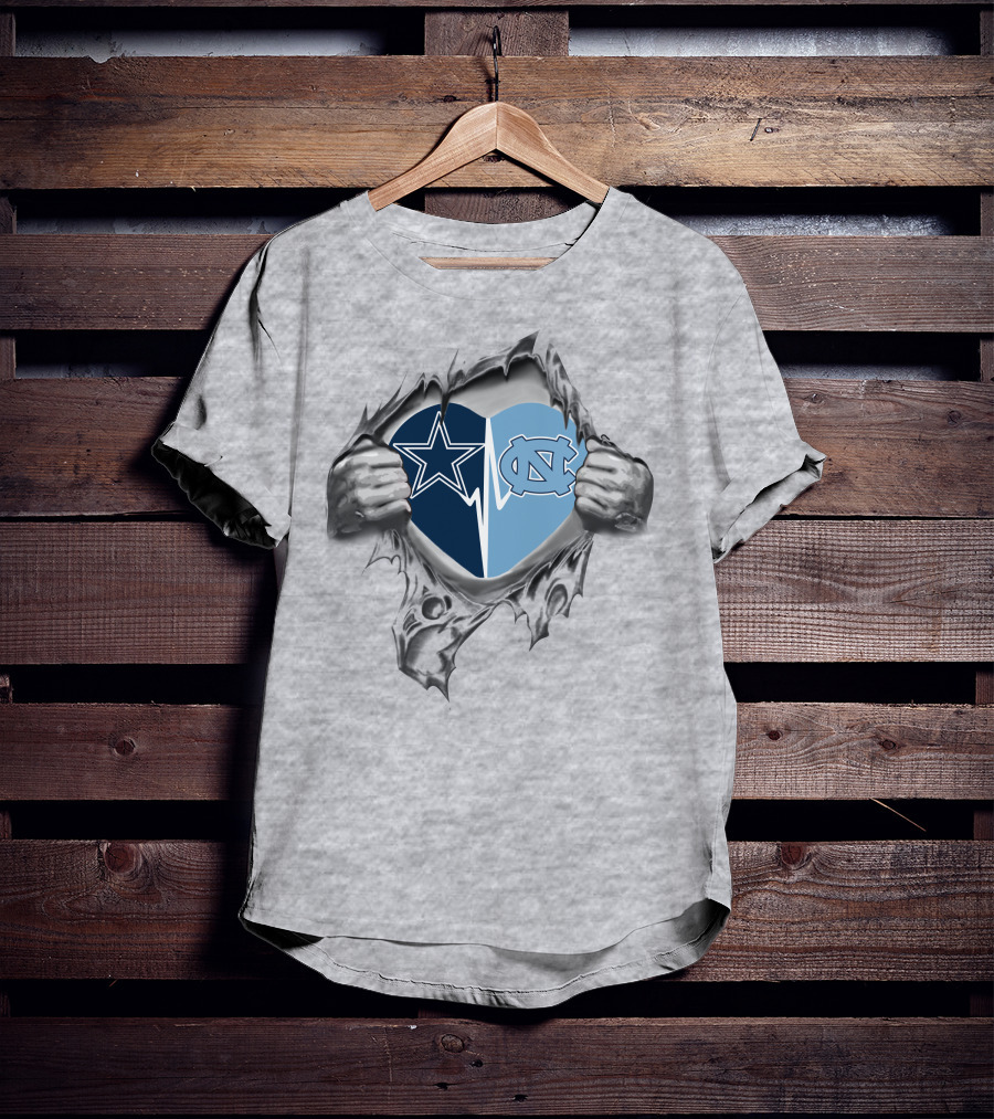 Cowboys Tar Heels Heart In My Chest With Iconic Dallas And Unc Logos T-Shirt