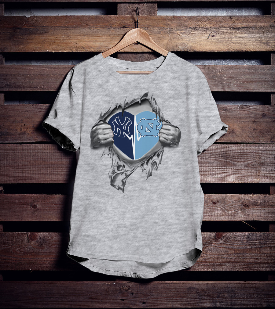 Yankees Tar Heels Heart Split Design Yankees Logo Tar Heels Logo Heart T-Shirt