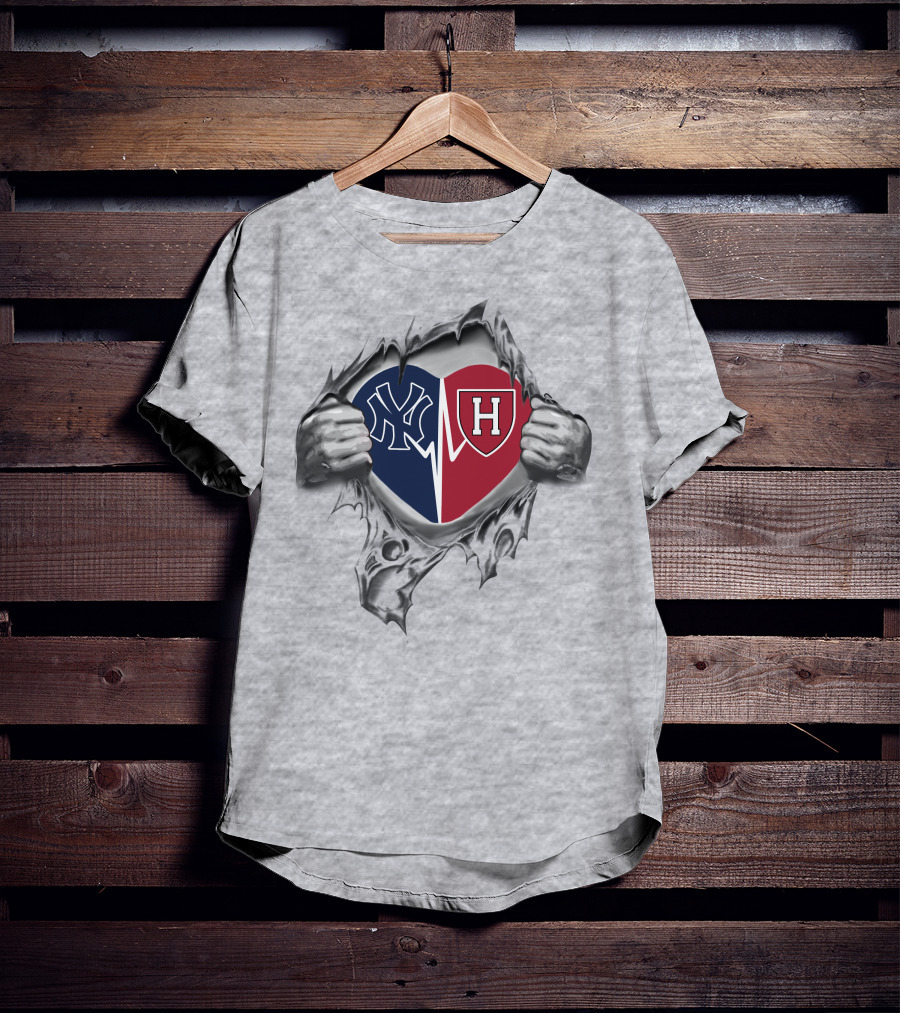 Yankees Harvard Crimson Heart Torn By Hands T-Shirt