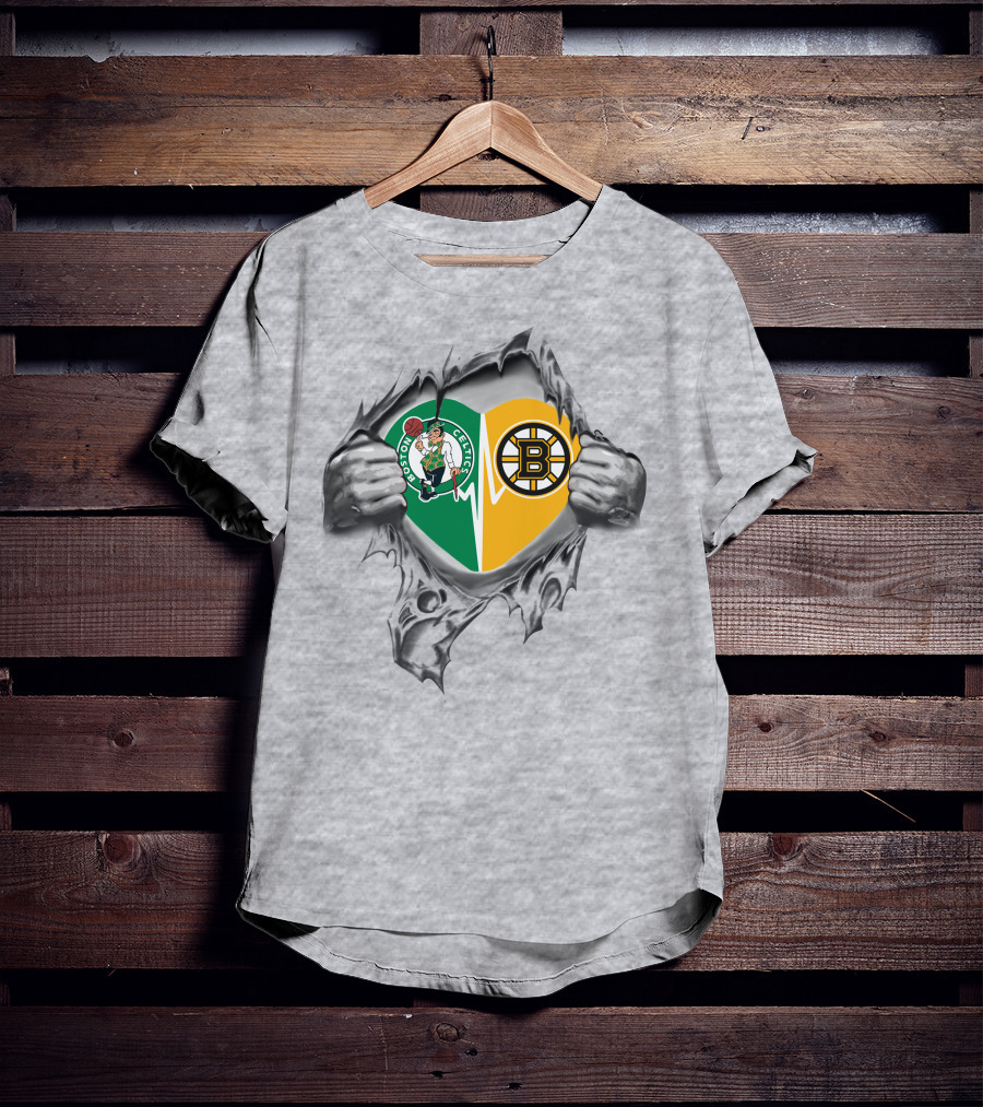 Boston Celtics Bruins Heart Inside Featuring Logos And Heartbeat T-Shirt