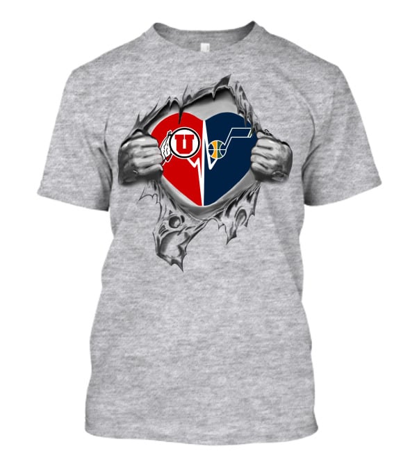 Utes Jazz Heart Ripped Open Tribal Logo Split T-Shirt