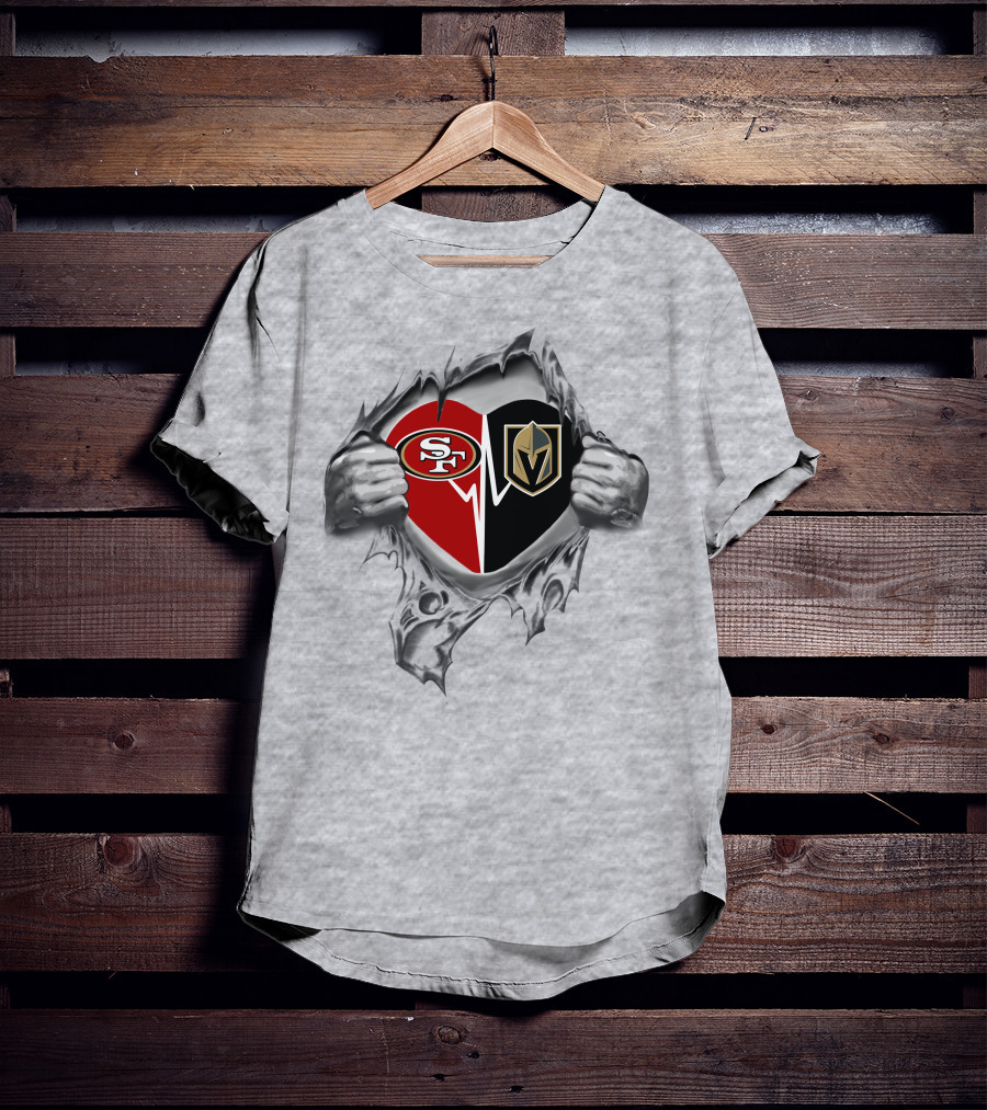 San Francisco 49ers And Vegas Golden Knights Heart Torn Open T-Shirt