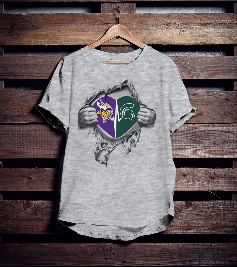 Vikings Spartans Heart Symbol With Helmet Logos And Torn Gray Ripped Effect T-Shirt