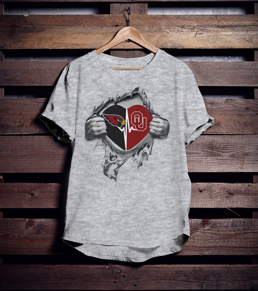 Cardinals Sooners Heart With Split Logo And Tear T-Shirt