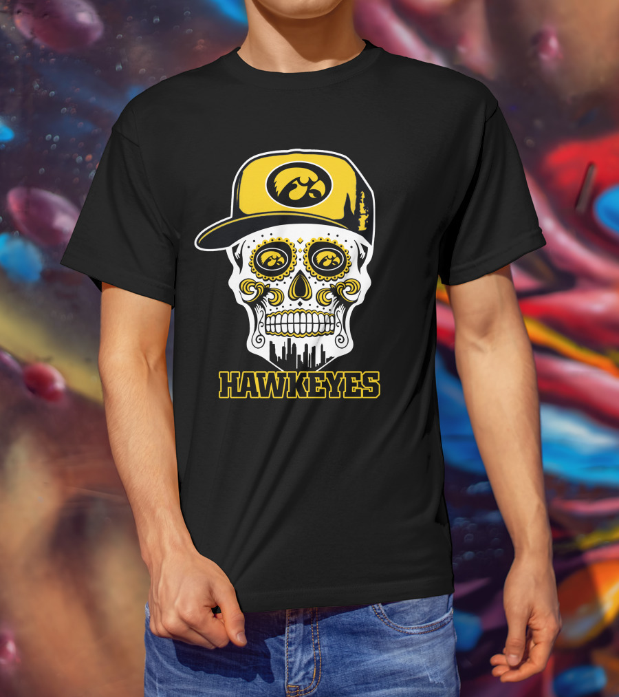 Iowa Hawkeyes Skull With Cap And City Skyline T-Shirt