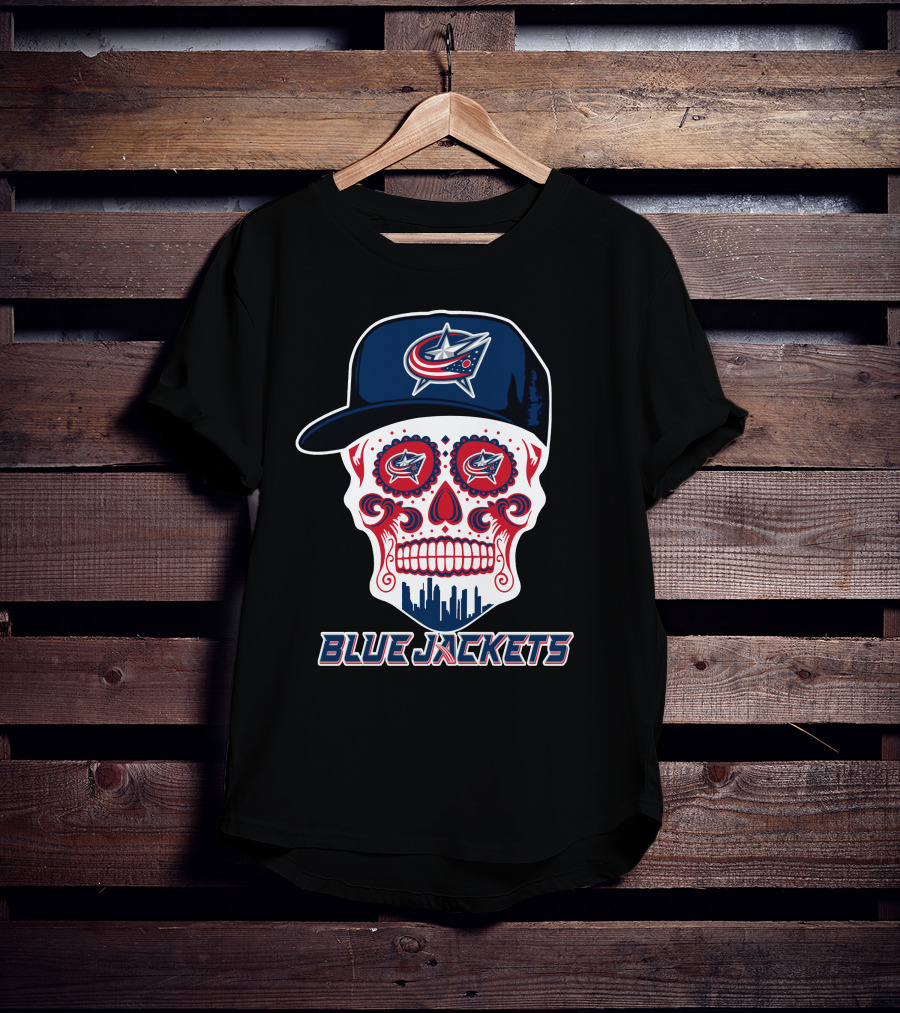 Columbus Blue Jackets Skull With Cap And Cityscape T-Shirt