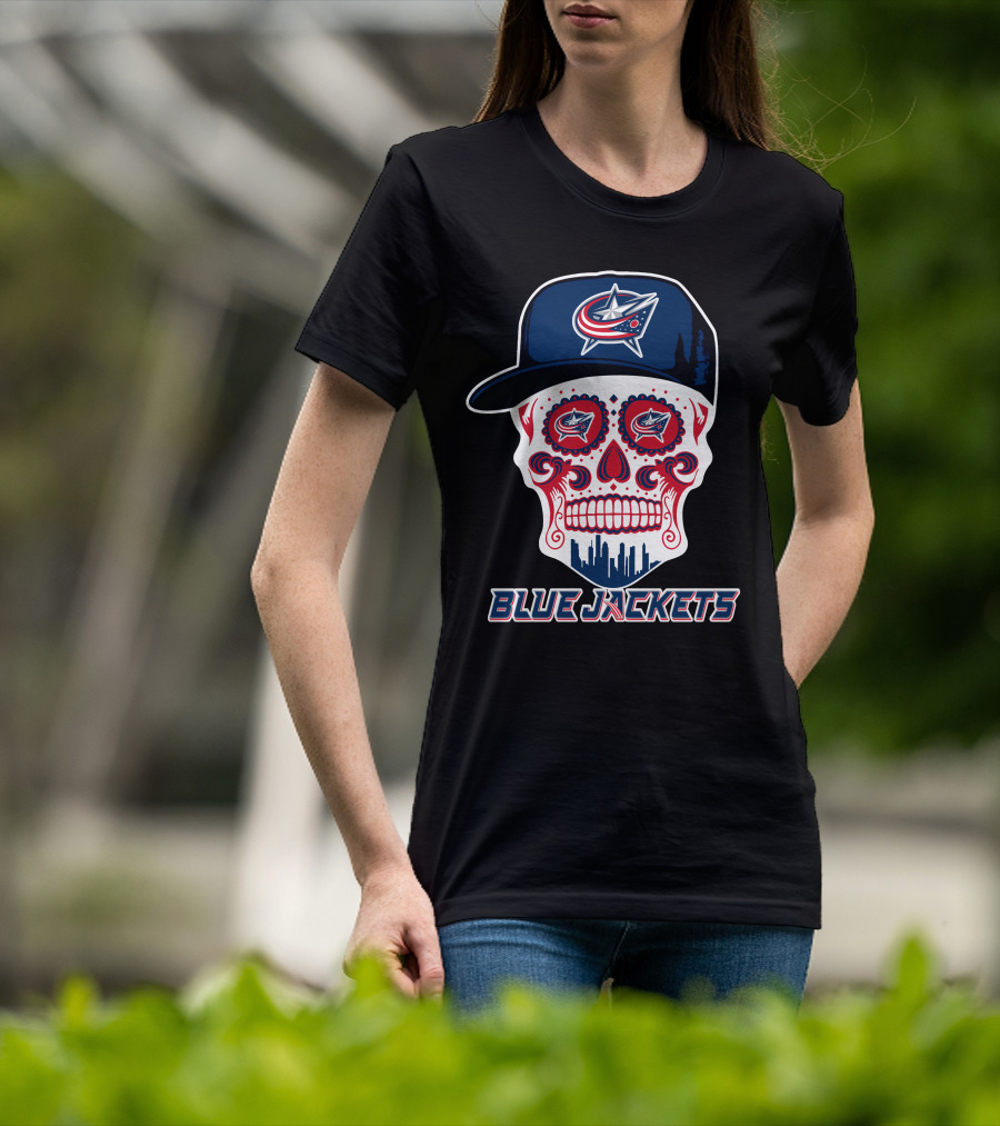 Columbus Blue Jackets Skull With Cap And Cityscape T-Shirt