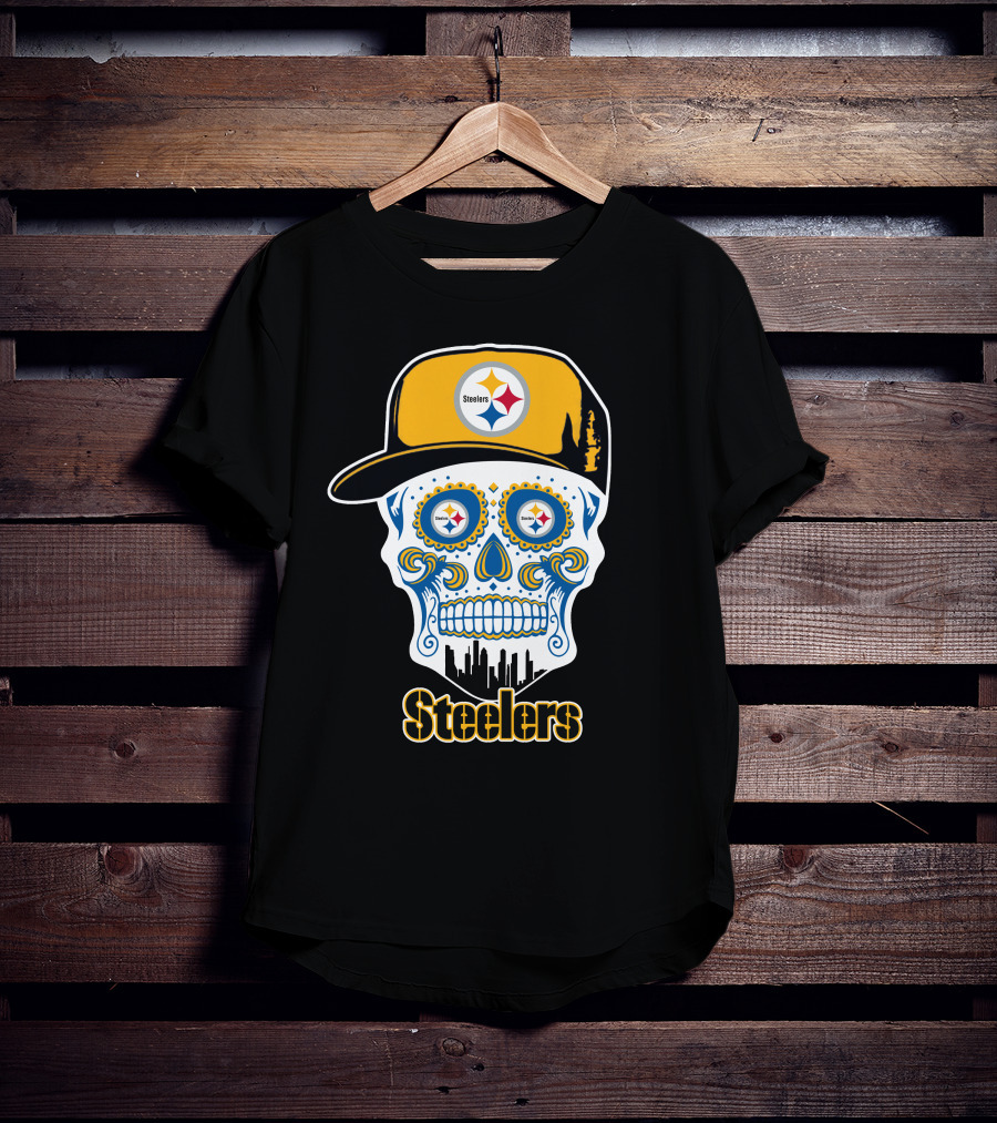 Steelers Skull With Yellow Cap And City Silhouette T-Shirt
