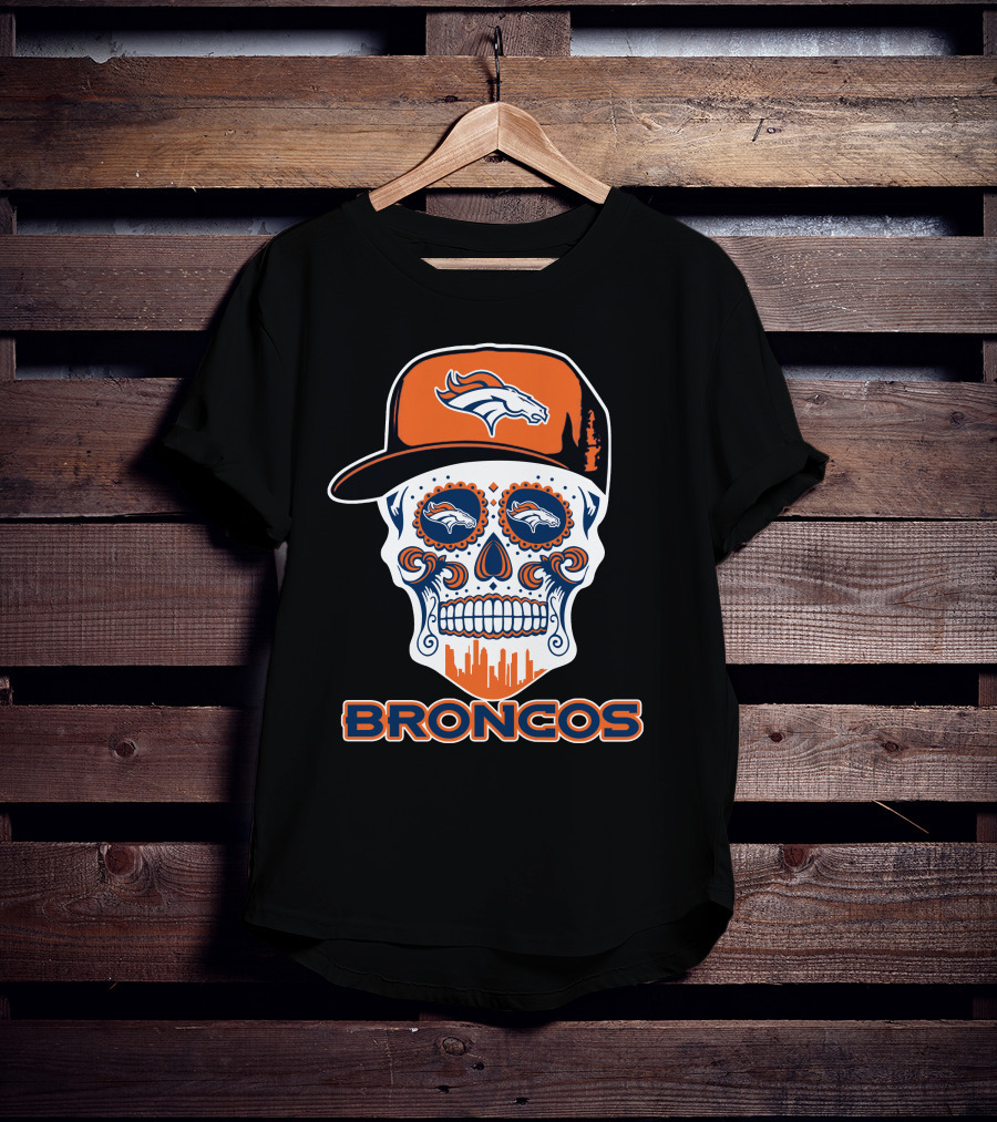 Denver Broncos Skull With Cap And Logos T-Shirt