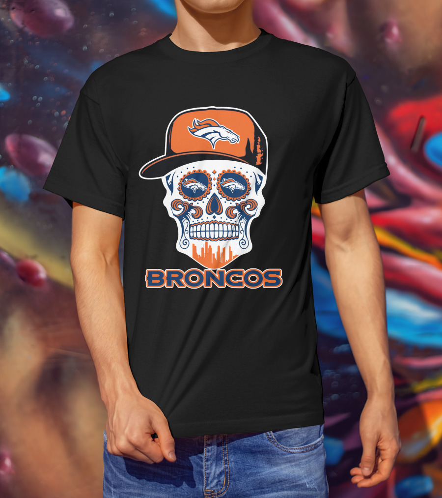 Denver Broncos Skull With Cap And Logos T-Shirt