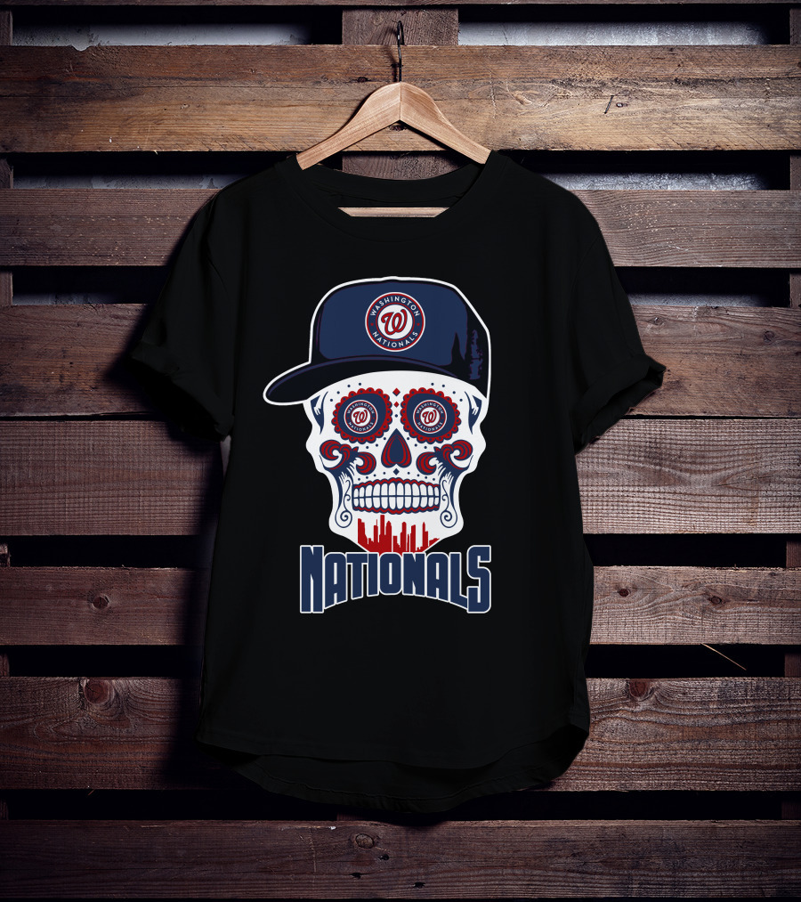 Washington Nationals Skull With Baseball Cap And City Silhouette T-Shirt
