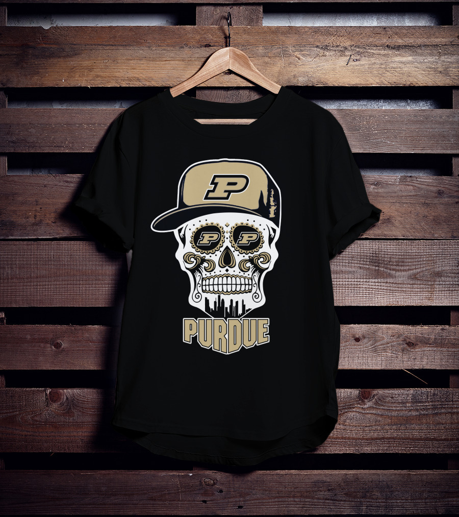 Purdue Boilermakers Skull With Cap And Urban Skyline T-Shirt