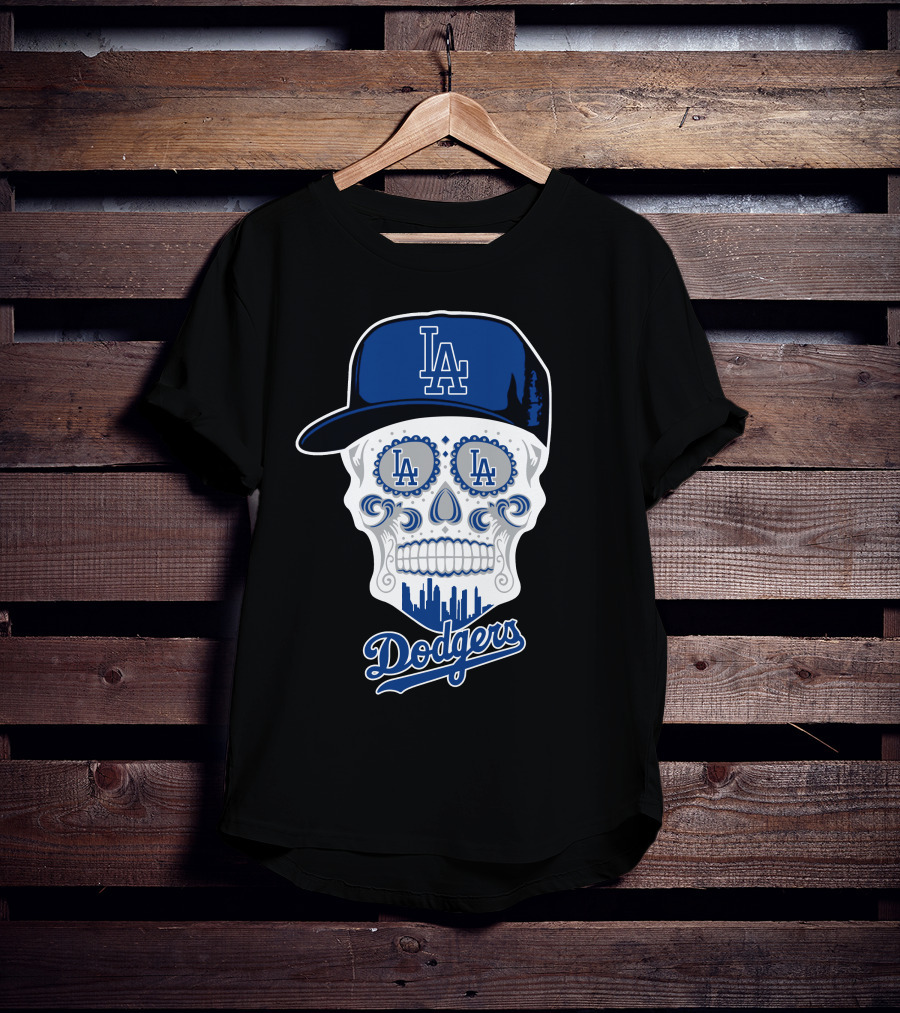Los Angeles Dodgers Skull La Hat Blue City Skyline T-Shirt