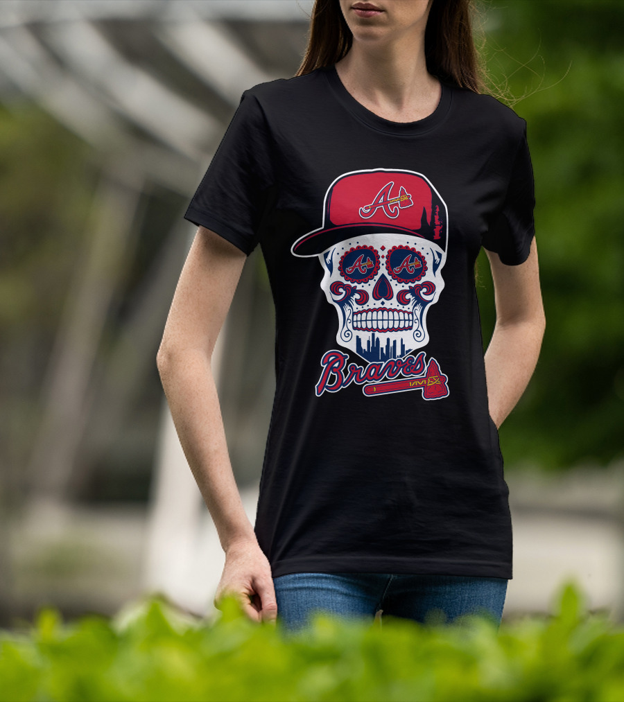 Braves Skull With Red Cap And Tomahawk Elements T-Shirt