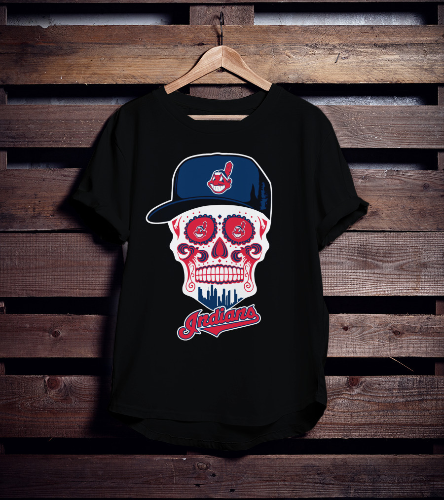 Cleveland Indians Sugar Skull With Baseball Cap And Skyline T-Shirt