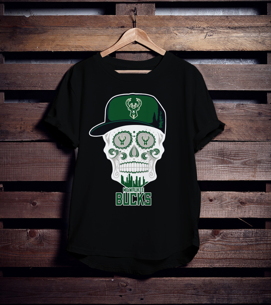 Milwaukee Bucks Skull With Cap And Skyline T-Shirt