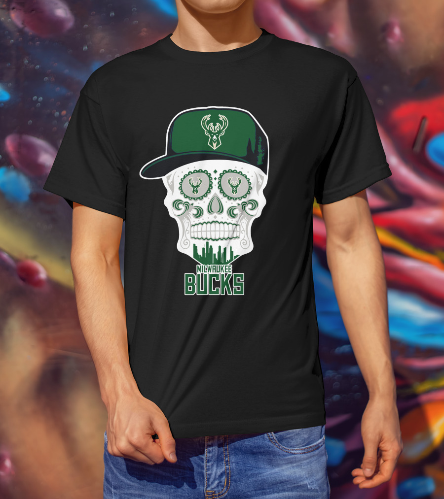 Milwaukee Bucks Skull With Cap And Skyline T-Shirt