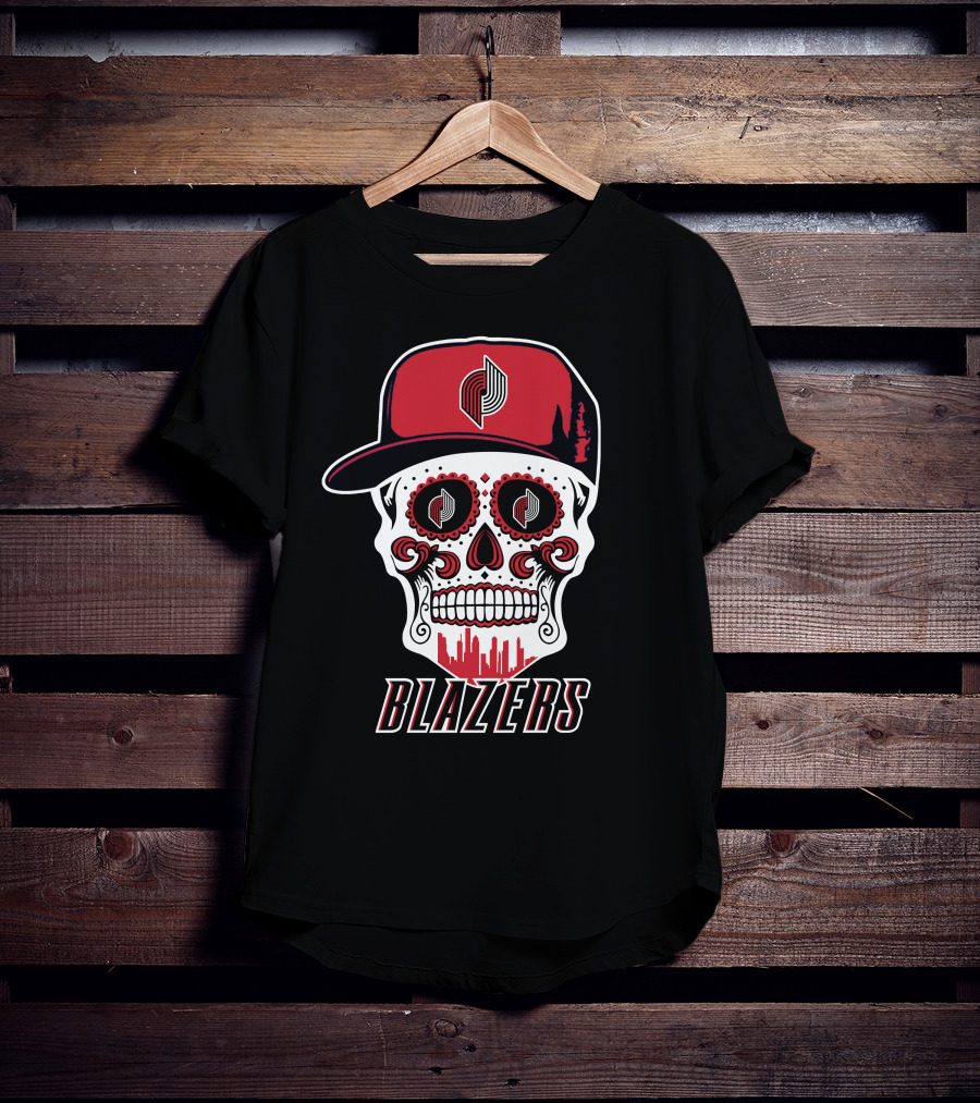 Blazers Skull With Hat And Cityscape Elements T-Shirt