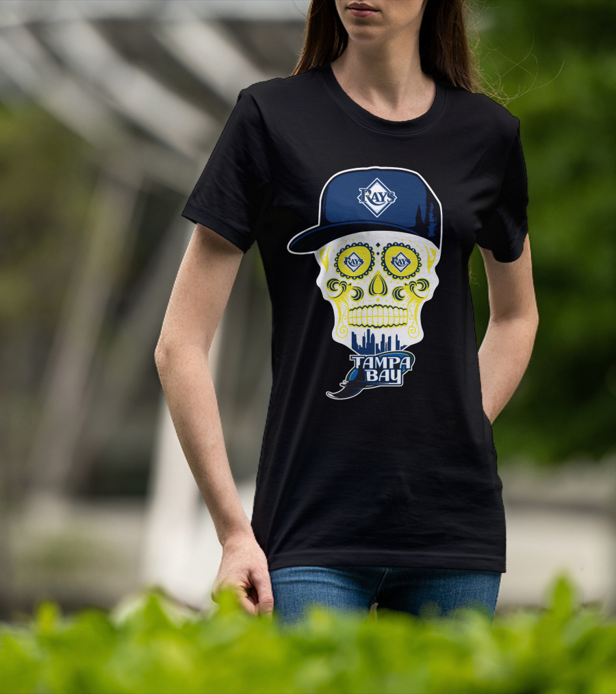 Tampa Bay Rays Skull With Hat And City Skyline T-Shirt