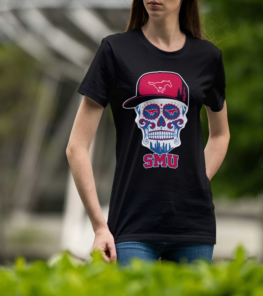 Smu Mustangs Skull With Hat And Skyline T-Shirt