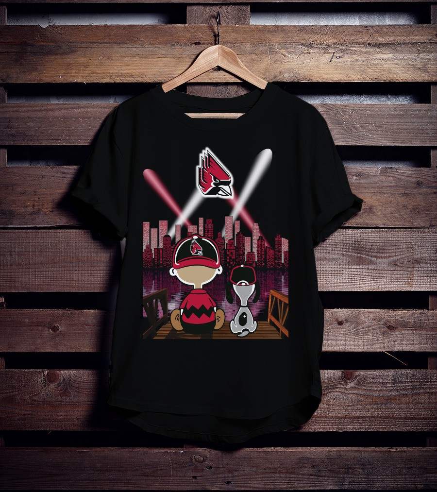 Ball State Cardinals City By Night Skyline Kids And Dog With Spotlight T-Shirt