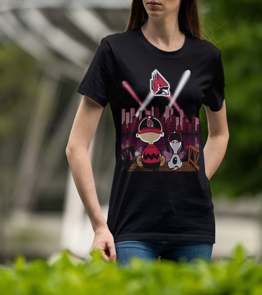 Ball State Cardinals City By Night Skyline Kids And Dog With Spotlight T-Shirt
