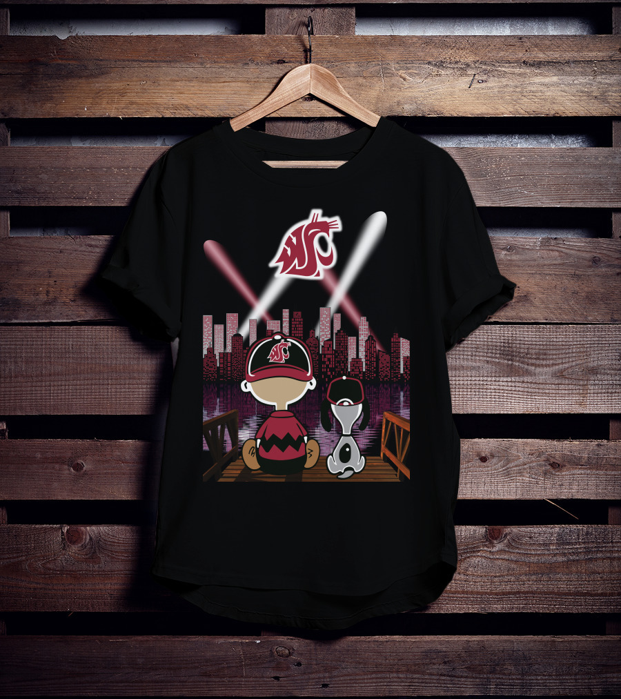 Washington State Cougars City Skyline At Night With Characters T-Shirt
