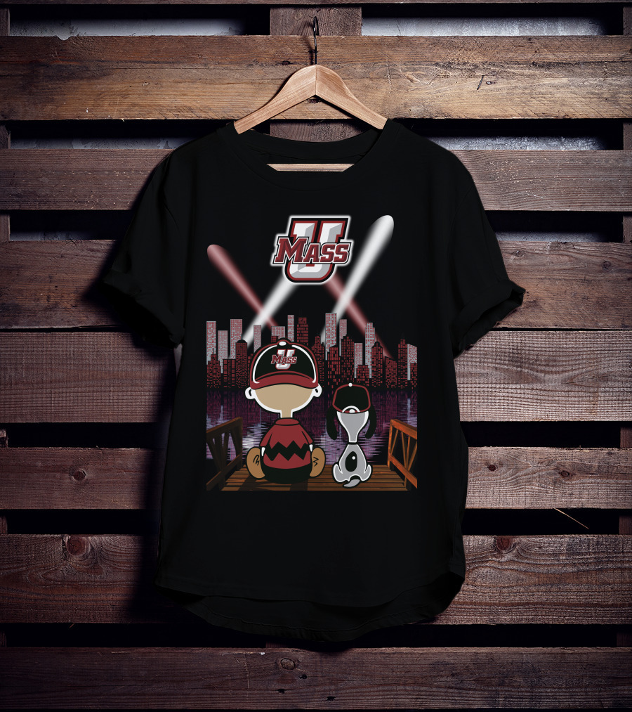 Umass Minutemen Downtown Skyline At Night With Cartoon Duo T-Shirt