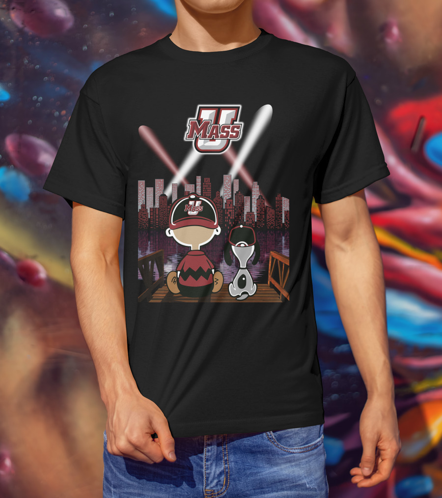 Umass Minutemen Downtown Skyline At Night With Cartoon Duo T-Shirt
