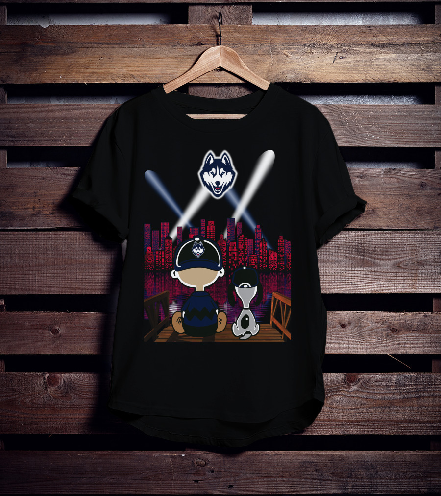 Uconn Huskies Skyline Night Lights With Cartoon Characters And Dog T-Shirt