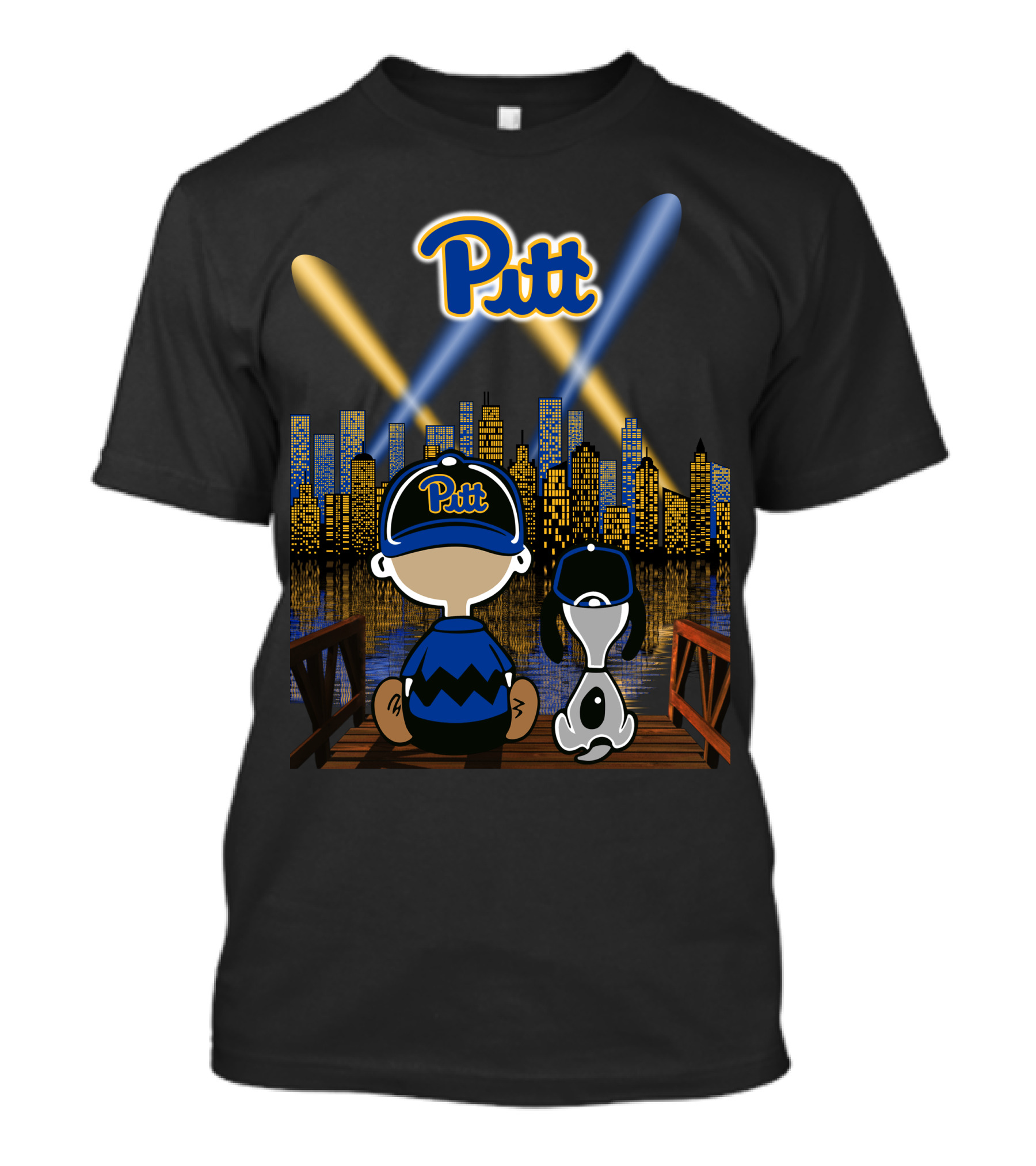 Pitt Panthers Nighttime Cityscape With Skyline And Characters T-Shirt