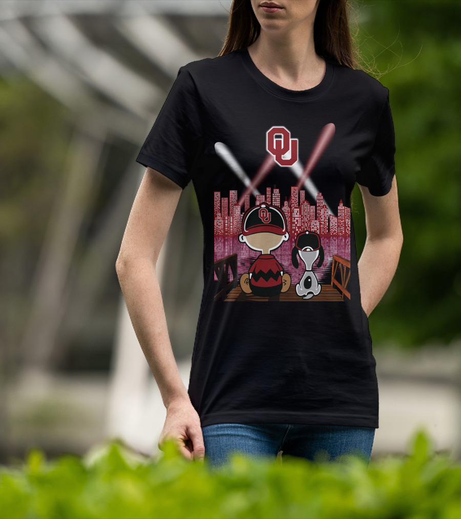Ou Sooners Peanuts Characters With City Skyline At Night T-Shirt