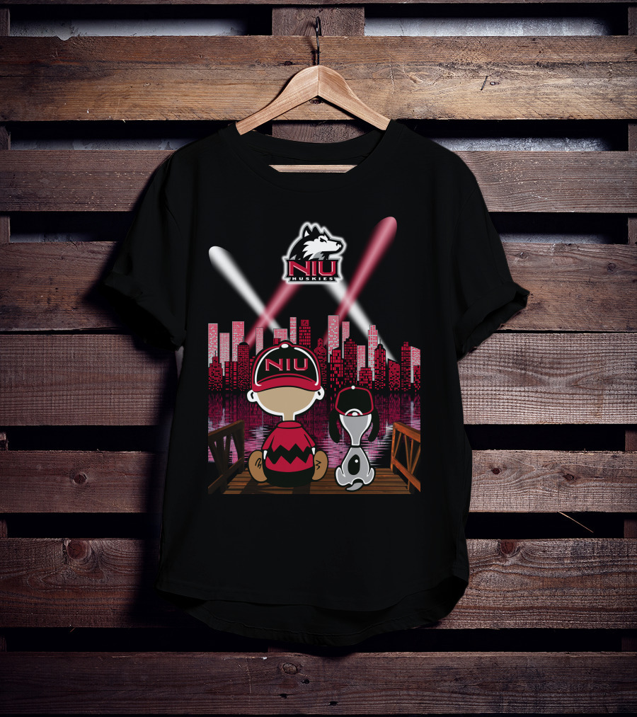 Niu Huskies City Skyline Night Scene With Characters And Northern Illinois T-Shirt