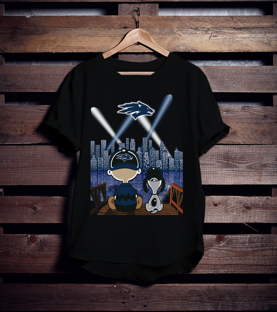 Nevada Wolf Pack Skyline At Night With Mascot And Cartoon Duo T-Shirt