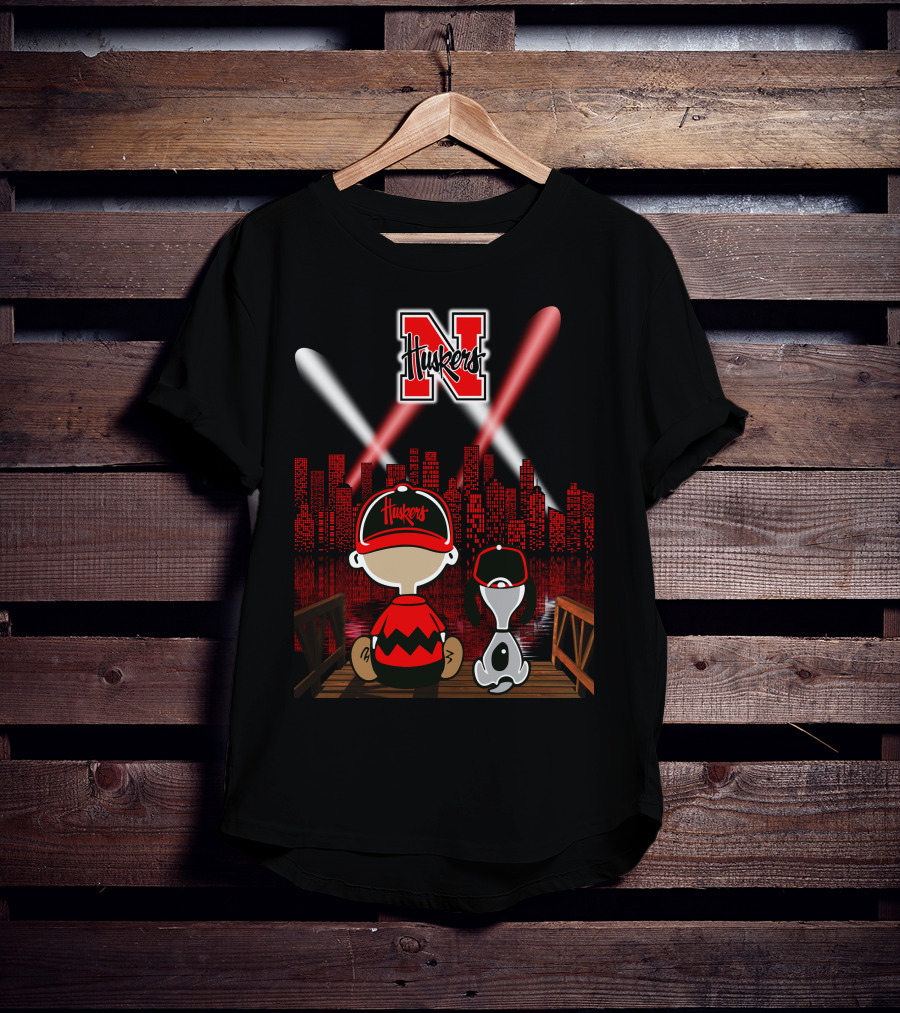 Huskers City By Night With N Logo And Iconic Cartoon Characters On A Bridge T-Shirt