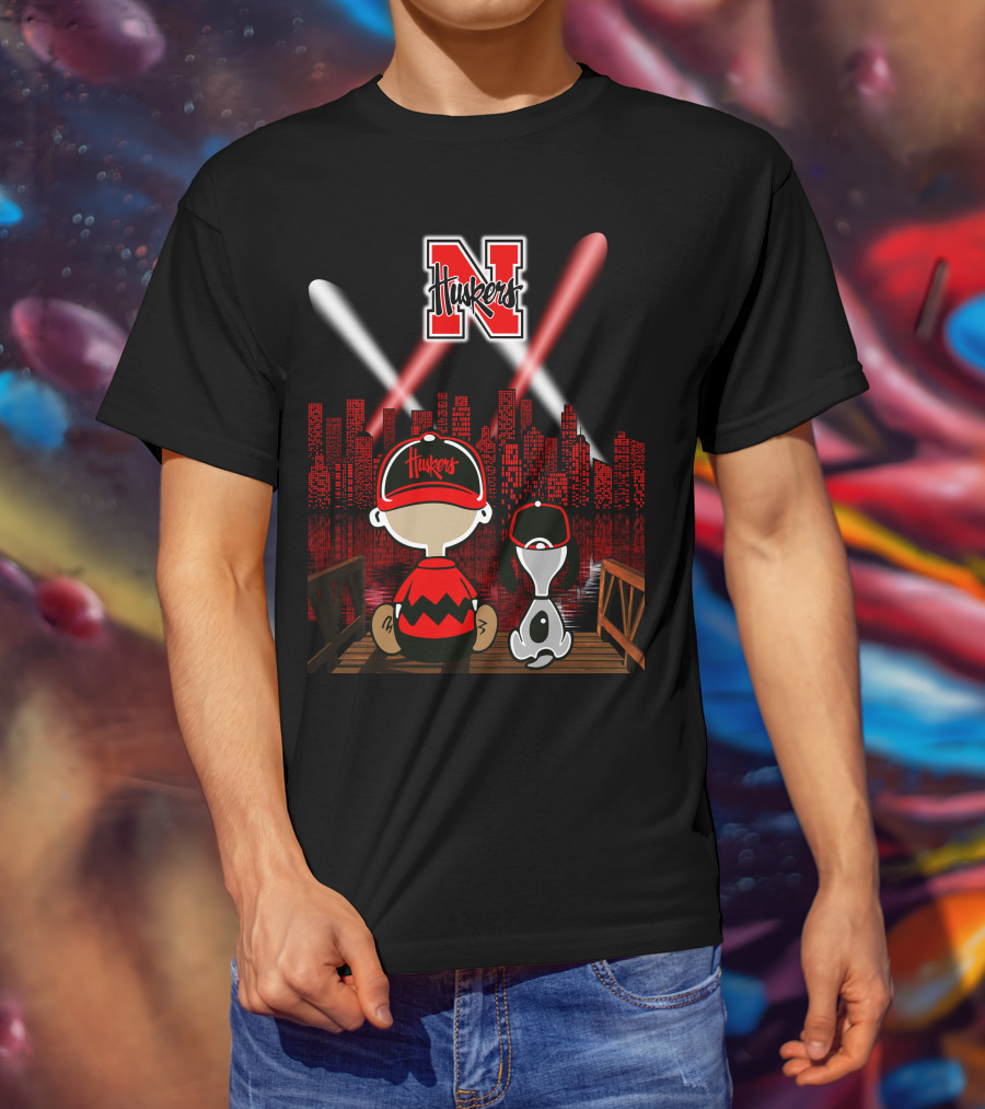 Huskers City By Night With N Logo And Iconic Cartoon Characters On A Bridge T-Shirt