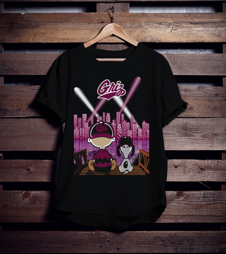 Griz 53 Montana Grizzlies City By Night Skyline With Dog And Child On Bridge T-Shirt